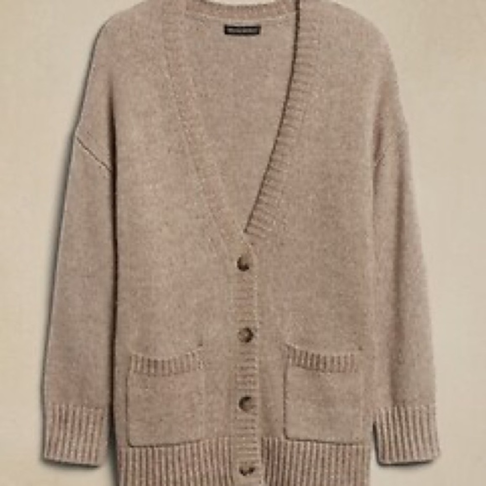 Banana Republic Oversized V-Neck Button Front Cardigan Sweater Taupe Heather